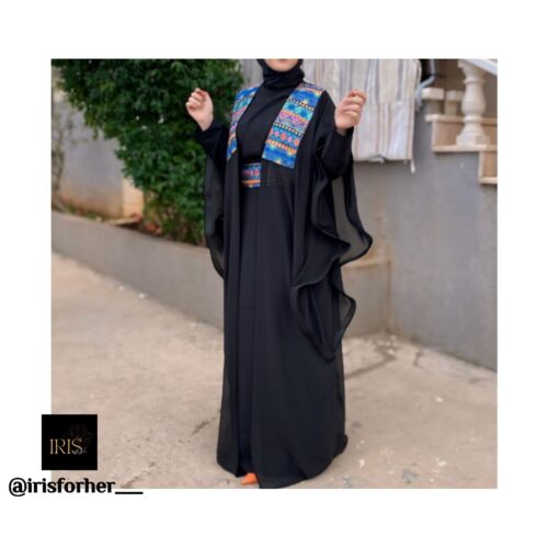 3 Pieces Black Abaya With Embroidery On Shoulder Ana Belt