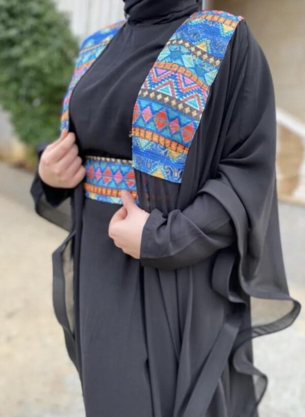 3 Pieces Black Abaya With Embroidery On Shoulder Ana Belt