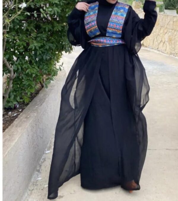 3 Pieces Black Abaya With Embroidery On Shoulder Ana Belt