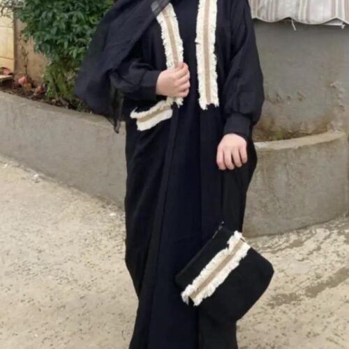 Black Abaya With Embroidery On Chest And Pocket With Bag
