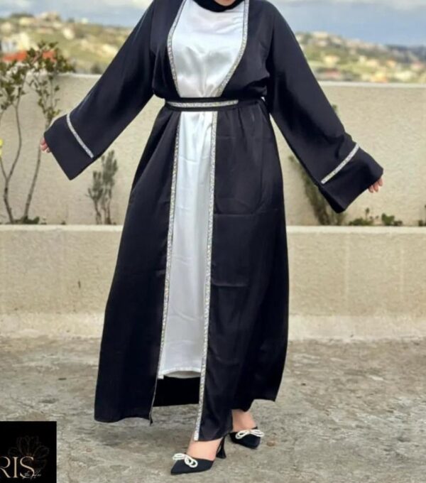 4 Piece Black Abaya With White Under Dress And Strass On Sleeves And Belt