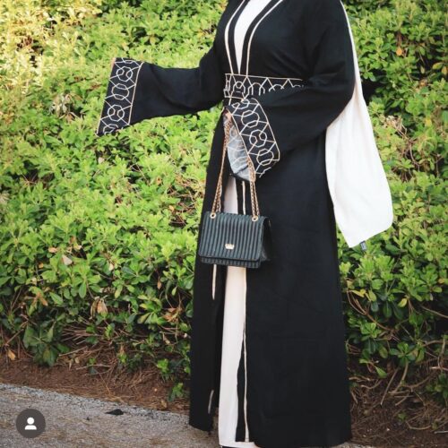 Black Open Abaya With Beige Embroidery On The Belt And Sleeves