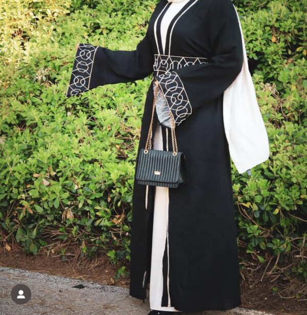 Black Open Abaya With Beige Embroidery On The Belt And Sleeves
