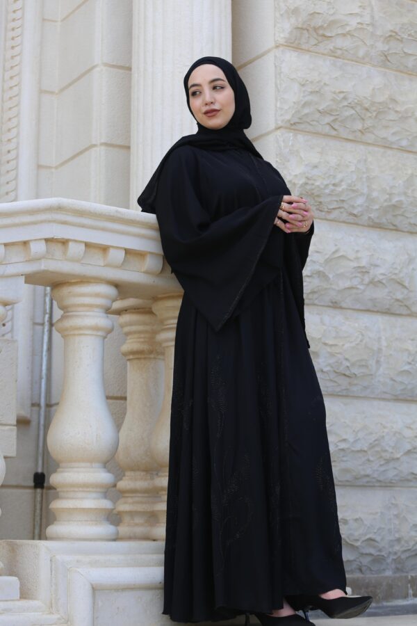 Black Abaya Fully Leaves Strass Front And Back With Belt And Scarf