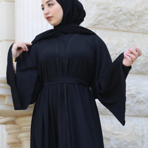 Black Abaya Fully Leaves Strass Front And Back With Belt And Scarf