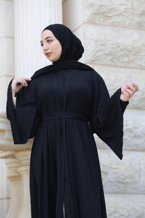 Black Abaya Fully Leaves Strass Front And Back With Belt And Scarf