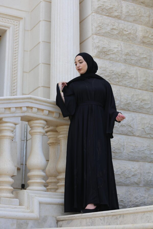 Black Abaya Fully Leaves Strass Front And Back With Belt And Scarf