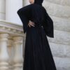Black Abaya Fully Leaves Strass Front And Back With Belt And Scarf