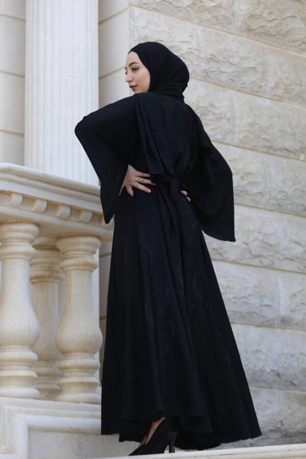 Black Abaya Fully Leaves Strass Front And Back With Belt And Scarf