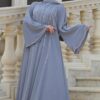 Grey Double Closh Abaya With Belt And Scarf