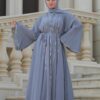 Grey Double Closh Abaya With Belt And Scarf