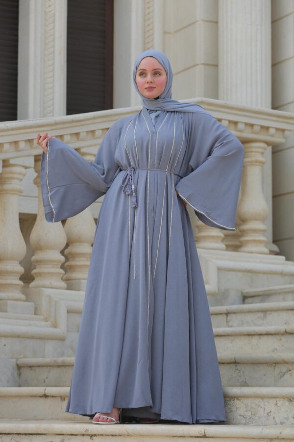 Grey Double Closh Abaya With Belt And Scarf