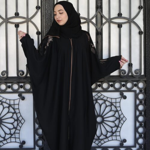 Farasha Abaya With Black Light Brown Embroidery On The Sleeves And Back With Scarf