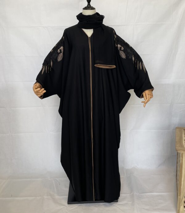 Farasha Abaya With Black Light Brown Embroidery On The Sleeves And Back With Scarf