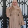 Beige Abaya With Strass On The Sleeves With Belt And Scarf