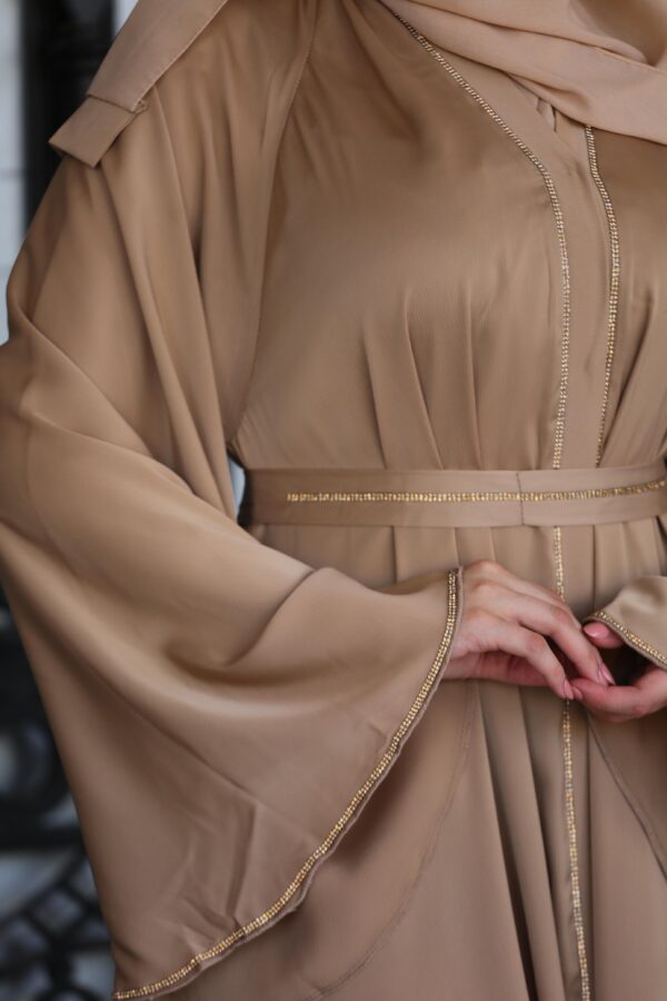 Beige Abaya With Strass On The Sleeves With Belt And Scarf