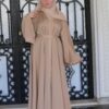 Beige Abaya With Strass On The Sleeves With Belt And Scarf