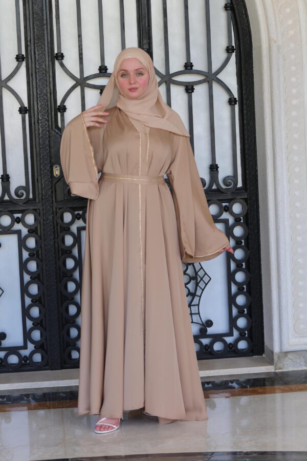 Beige Abaya With Strass On The Sleeves With Belt And Scarf