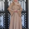 Beige Abaya With Strass On The Sleeves With Belt And Scarf