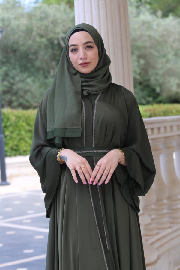 Green Abaya With Silver Strass With Belt And Scarf