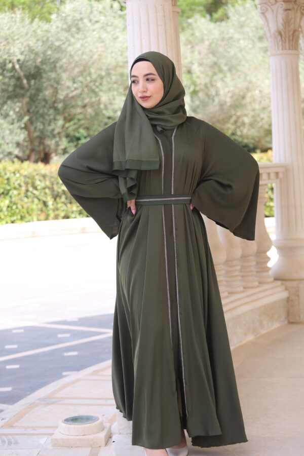 Green Abaya With Silver Strass With Belt And Scarf