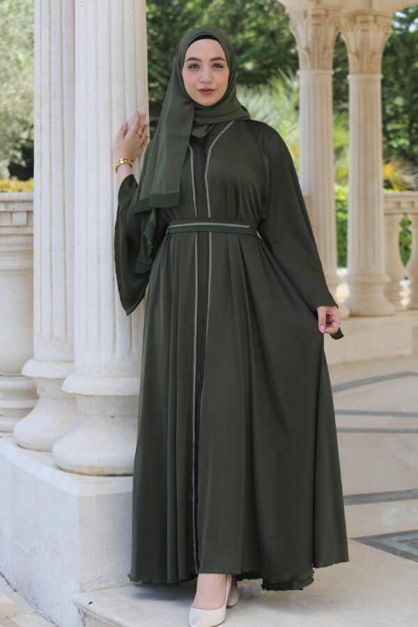Green Abaya With Silver Strass With Belt And Scarf