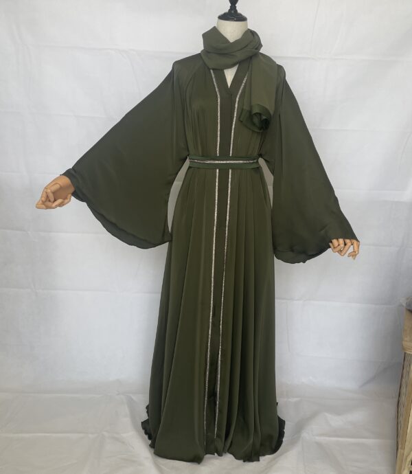 Green Abaya With Silver Strass With Belt And Scarf