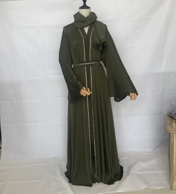 Green Abaya With Silver Strass With Belt And Scarf