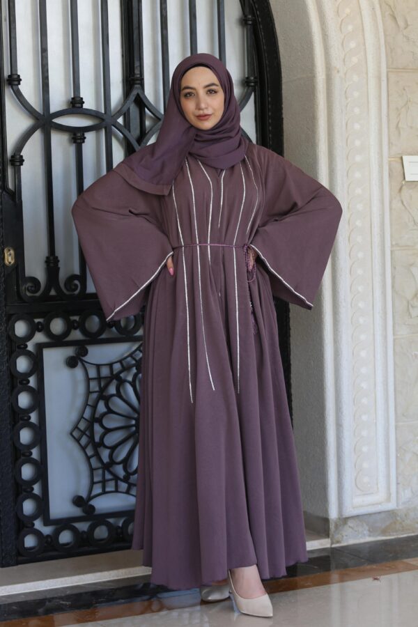 Purple Abaya With Silver Strass With Belt And Scarf