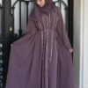 Purple Abaya With Silver Strass With Belt And Scarf