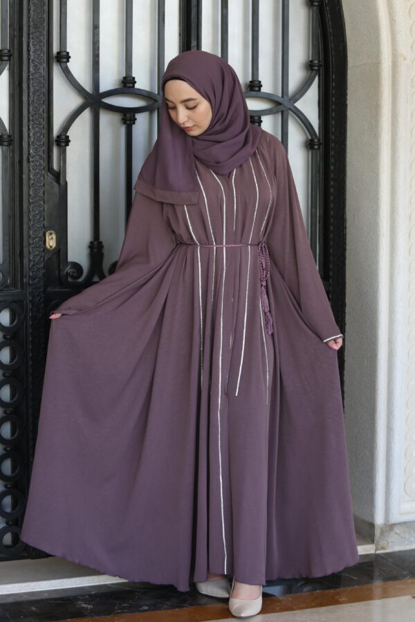 Purple Abaya With Silver Strass With Belt And Scarf