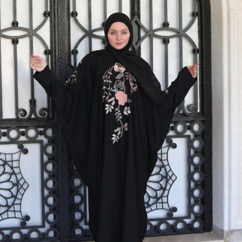 Black With Colored Flower Embroidery Abaya With Scarf