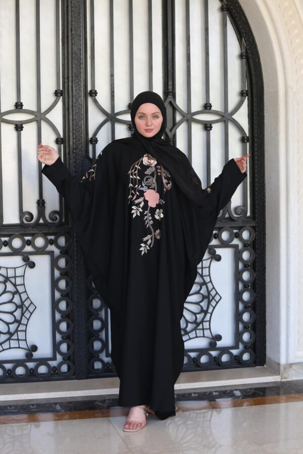 Black With Colored Flower Embroidery Abaya With Scarf