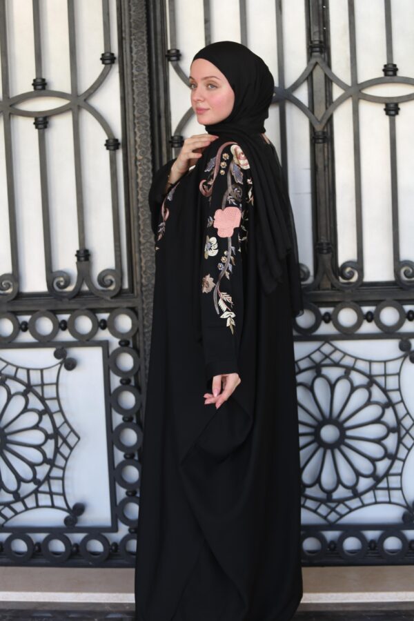 Black With Colored Flower Embroidery Abaya With Scarf