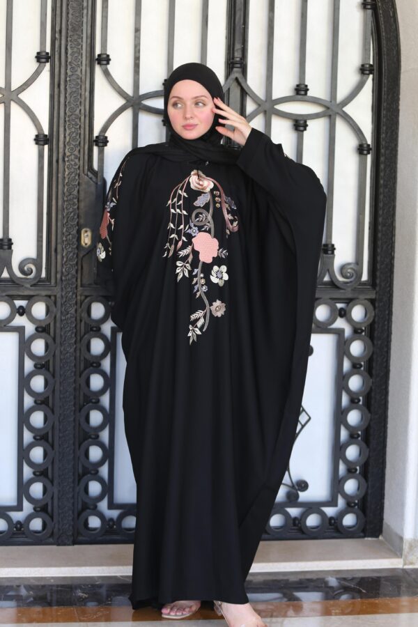 Black With Colored Flower Embroidery Abaya With Scarf