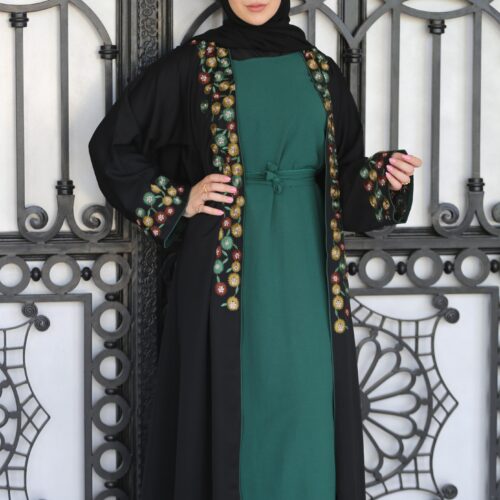 4-Piece Abaya With Green Inner And Colord Flower Outer Abaya