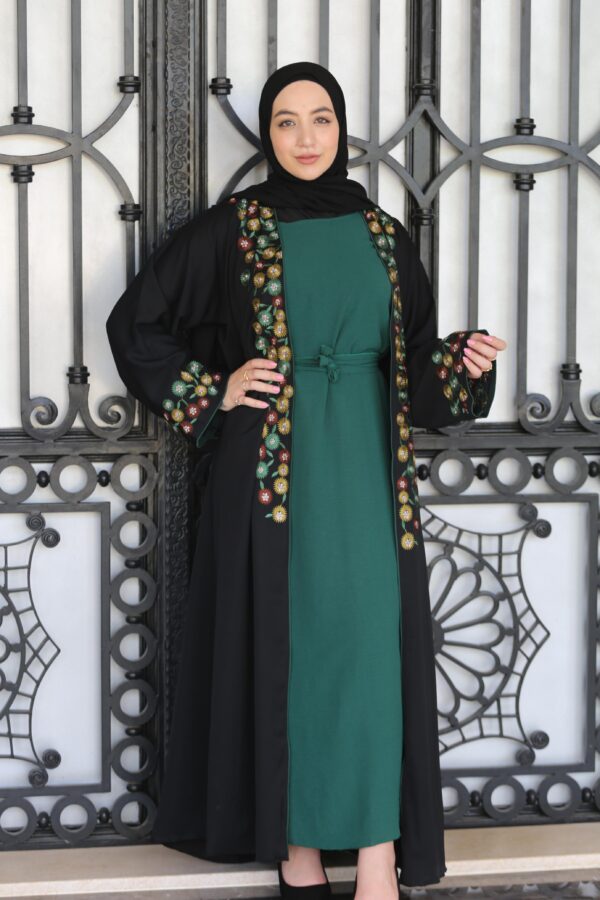 4-Piece Abaya With Green Inner And Colord Flower Outer Abaya