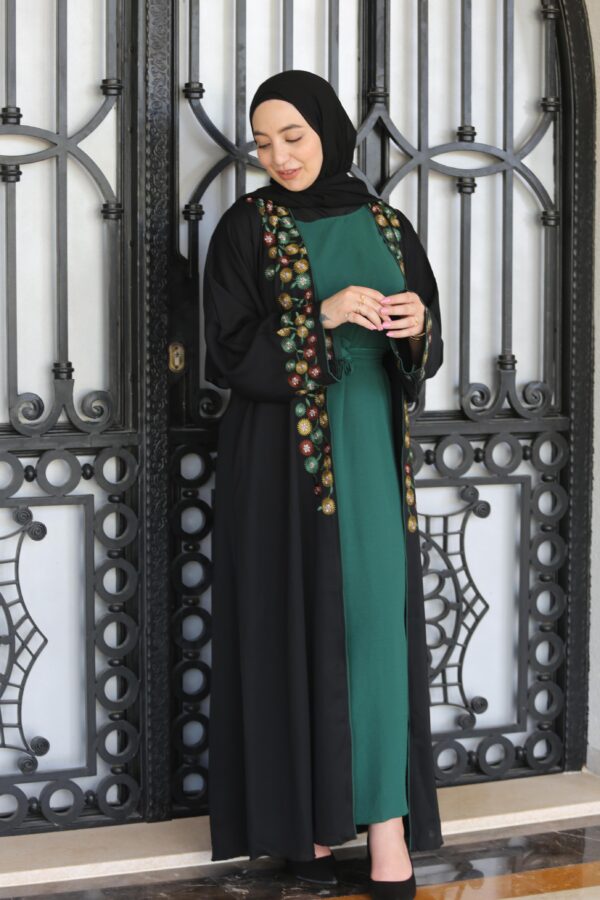 4-Piece Abaya With Green Inner And Colord Flower Outer Abaya