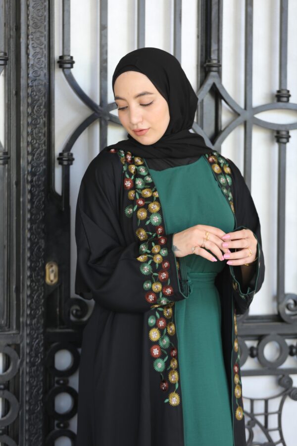 4-Piece Abaya With Green Inner And Colord Flower Outer Abaya