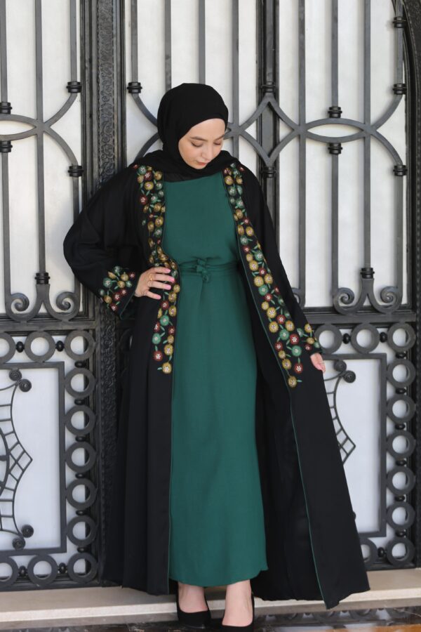 4-Piece Abaya With Green Inner And Colord Flower Outer Abaya