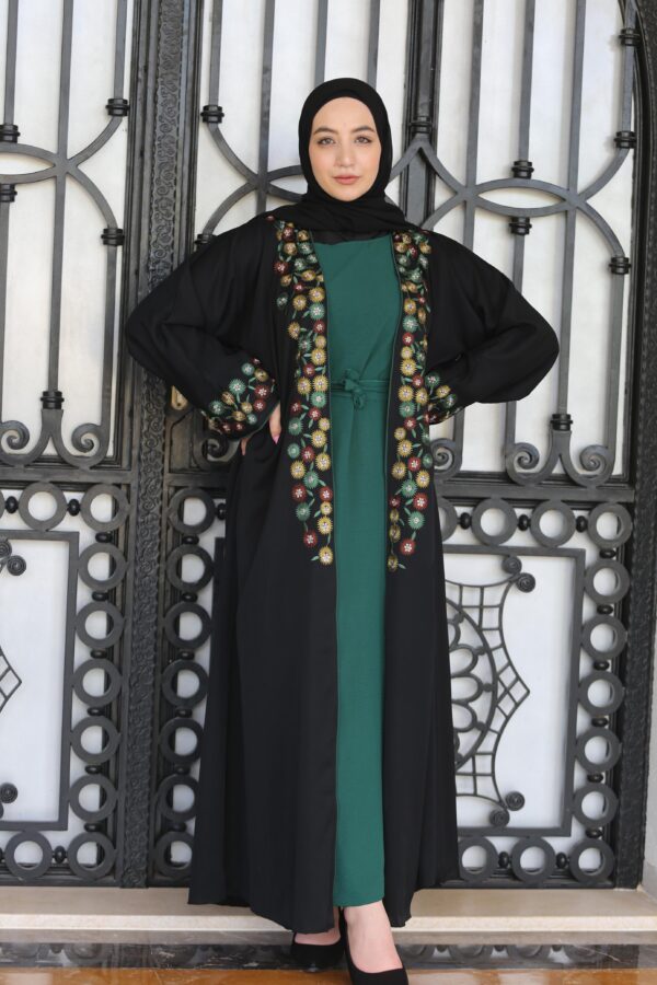 4-Piece Abaya With Green Inner And Colord Flower Outer Abaya
