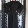 Black Abaya With Black Flower Embroidery With Belt And Scarf