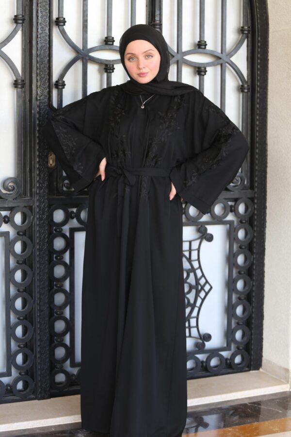 Black Abaya With Black Flower Embroidery With Belt And Scarf