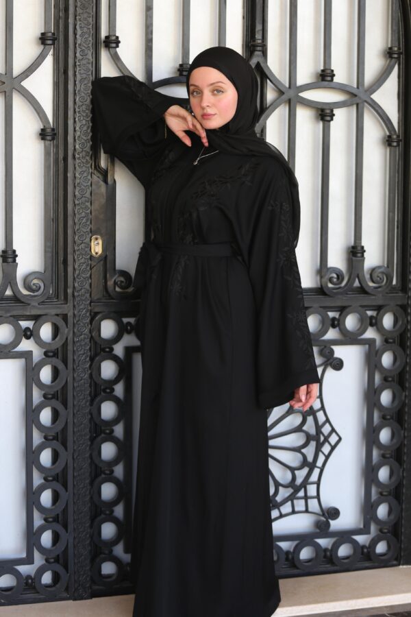 Black Abaya With Black Flower Embroidery With Belt And Scarf