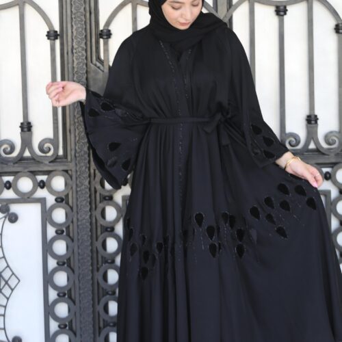Black Abaya With Strass And Black Leaves With Scarf