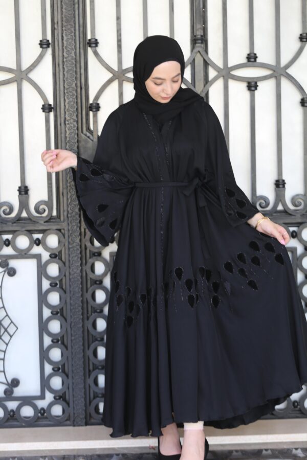 Black Abaya With Strass And Black Leaves With Scarf