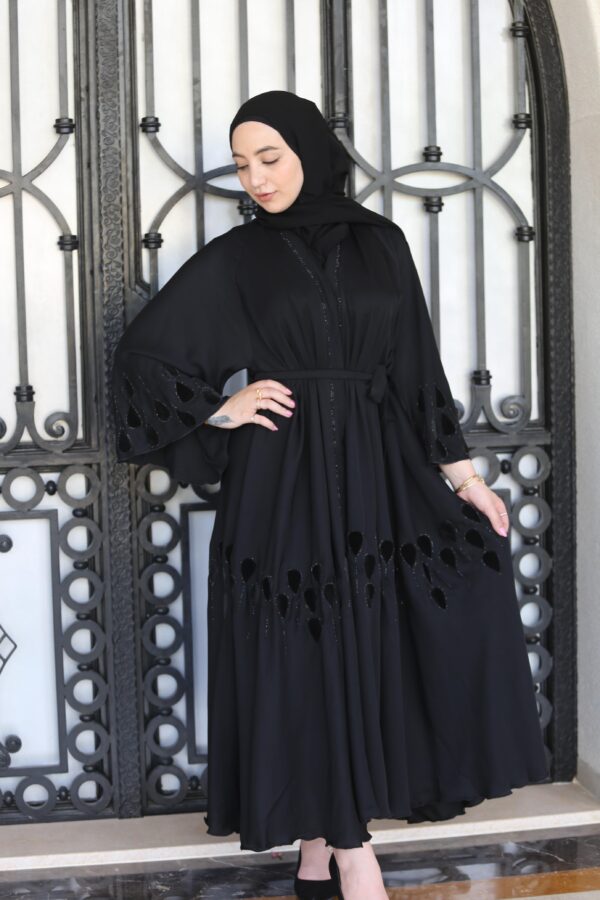 Black Abaya With Strass And Black Leaves With Scarf