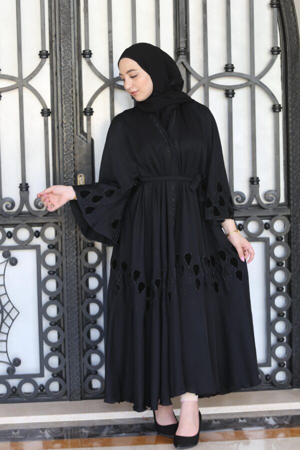 Black Abaya With Strass And Black Leaves With Scarf